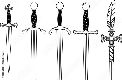 Medieval dagger and short sword silhouette collection featuring ornate crossguard blade designs, historical weapon set, ancient combat illustration in black and white vector