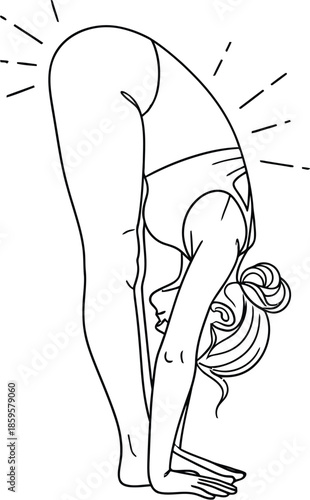 Line art illustration of a woman performing a standing forward bend yoga pose stretching her hamstrings deeply