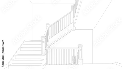 Black and white line drawing illustration of a traditional interior staircase with detailed balustrade and newel posts
