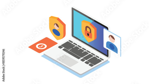 Isometric laptop illustration with secure remote work setup and protection shield on screen