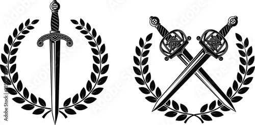 Medieval sword emblem silhouette with laurel wreath featuring single blade and crossed daggers, heraldic victory symbol, ancient warrior crest black and white vector