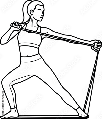 Line art illustration of a fit woman performing resistance band rotational exercise for core strength and stability