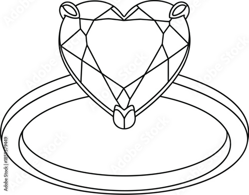 Simple black line drawing icon of a heart shaped diamond solitaire engagement ring perfect for jewelry design