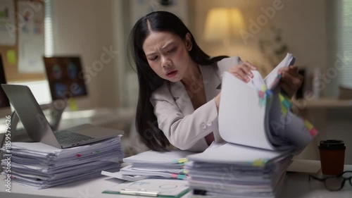 Frustrated Asian businesswoman feeling overwhelmed while searching for documents in a large pile of paperwork, working overtime in the office