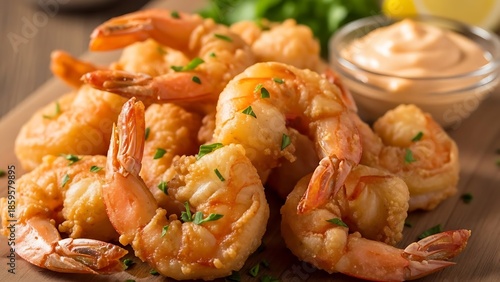 Close up crispy fried shrimp with golden batter served on wooden board with dipping sauce lemon and herbs perfect for appetizer snack or seafood cuisine concept
