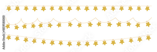 Christmas star garland fairy light with gold bulbs. Xmas festive decoration string with hanging retro led lamp. Glowing string with lightbulb for holiday banner, card, poster. Vector illustration.