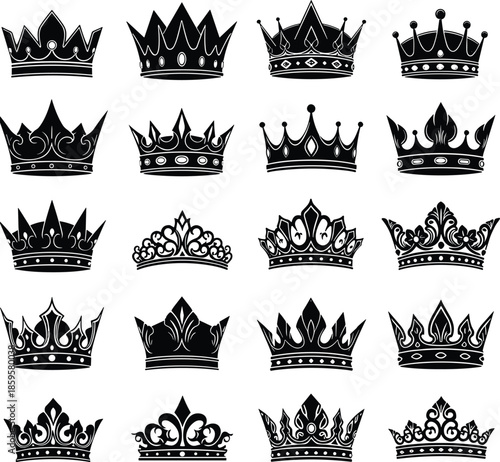 Royal Crown Silhouette Vector Set with Ornate King and Queen Crowns, Heraldic Icons for Logo Design, Emblems, Branding, and Illustration