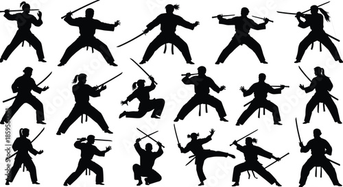 Samurai Warrior Silhouette Icons Set Showing Sword Fighting Poses, Martial Arts Stances and Traditional Japanese Combat Figures for Action Design Projects