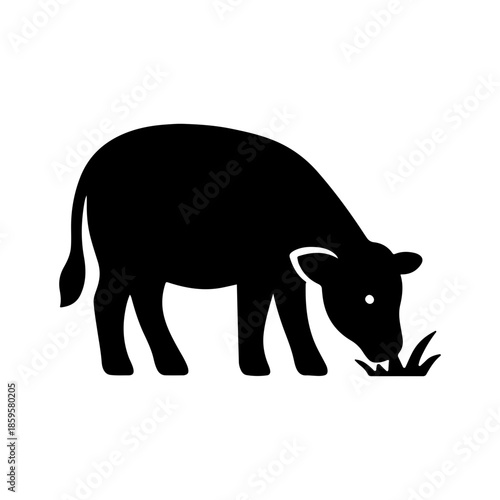 Black Silhouette of a Cow Grazing in a Field, Simple Farm Animal Icon