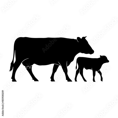Silhouette of a Cow and Calf Standing Together on a White Background