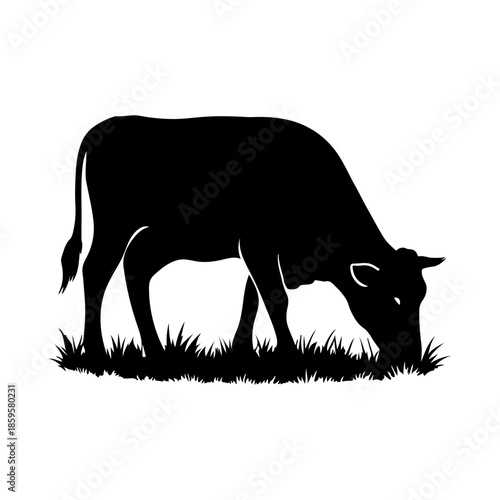Black Silhouette of a Cow Grazing in Green Grass Field on White Background