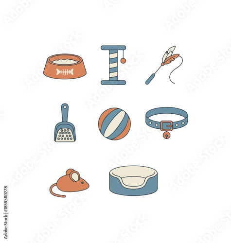 Cat accessories collection illustration isolated on black background