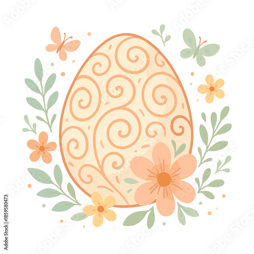Pastel Easter Egg with Swirl Pattern and Flowers