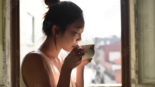 Young Woman Enjoying a Warm Beverage by the Window.