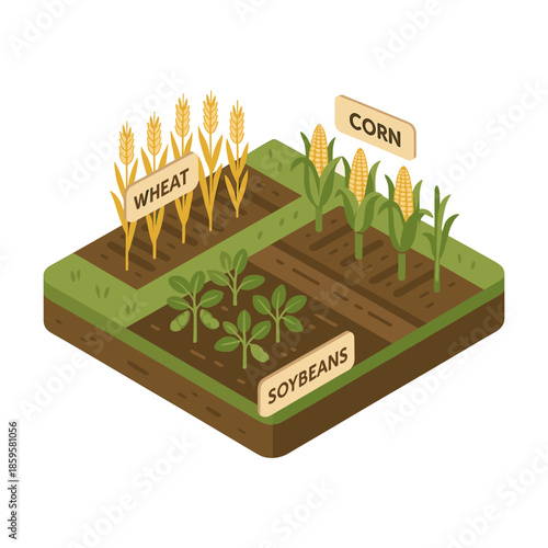Isometric Illustration of Crop Rotation with Wheat, Corn and Soybeans