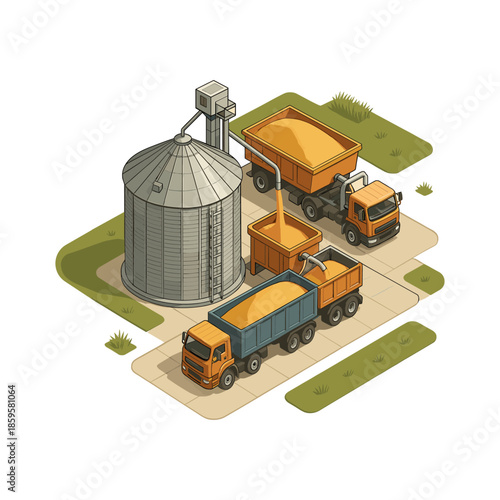 Isometric Grain Silo with Trucks Loading Harvest