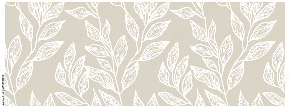 Fototapeta premium Vector Illustration Background Featuring Elegant Beige and White Leaf Outline Pattern with Seamless Design Suggesting Natural Sophistication and Minimalistic Aesthetics Suitable for Various Projects.