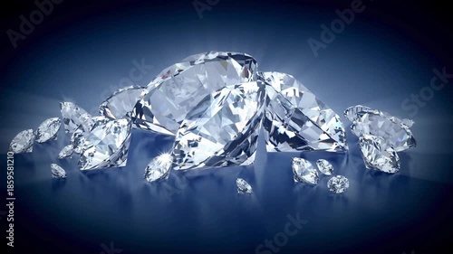 A cluster of brilliant-cut diamonds lies on a deep blue surface, catching refracted, icy light glow