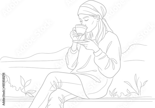 Woman enjoying a quiet moment sipping warm tea outdoors while sitting on a bench line art illustration
