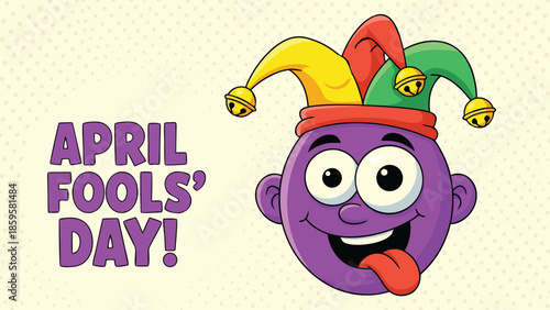 April Fools' Day cartoon illustration with purple jester face