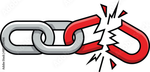 Broken chain link illustration symbolizing freedom, strength, independence, business disruption, security breach, and overcoming limits concept in bold flat vector style