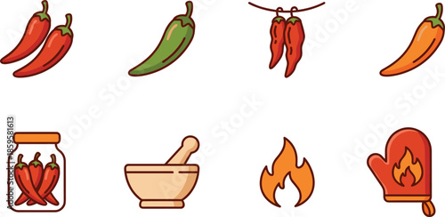 Chili pepper and spicy cooking icon set illustration, colorful flat vector collection featuring hot peppers, seasoning tools, and heat symbols