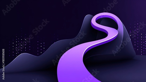 Abstract winding road through stylized mountains against a dark background with dotted patterns