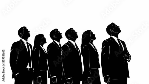 Diverse group of business professionals looking upwards together.