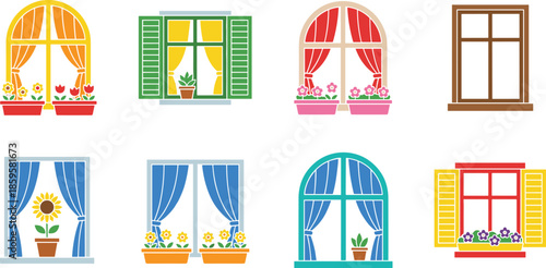 Colorful house window icon set illustration with curtains and flower pots, flat vector collection for home exterior and interior decoration concepts