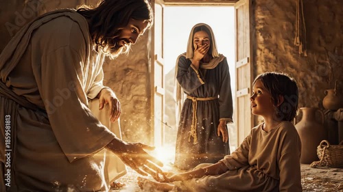 Jesus healing a child with his hand, woman watching with shock as light emanates, concept of biblical miracle and divine intervention