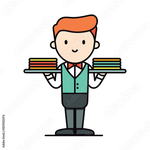 Friendly cartoon waiter holds two trays, ready to serve guests with a cheerful expression, wearing a neat uniform with a bow tie and vest.