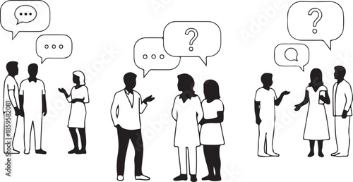 Silhouette Illustration of Groups of People Communicating with Speech and Question Bubbles, Discussion and Idea Exchange Concept