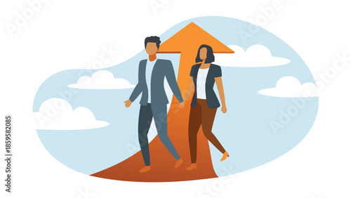 Man and woman walking upward on an arrow shaped path together, teamwork and partnership concept illustration