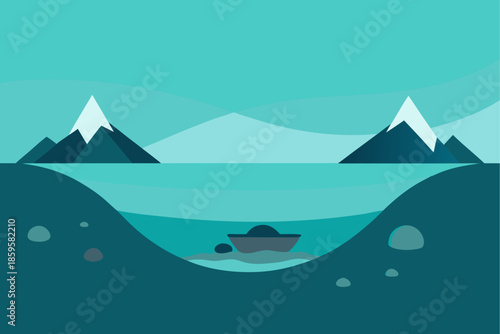 Underwater scene with mountains and boat
