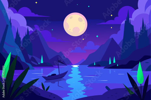 A serene nighttime landscape with a boat on a tranquil lake