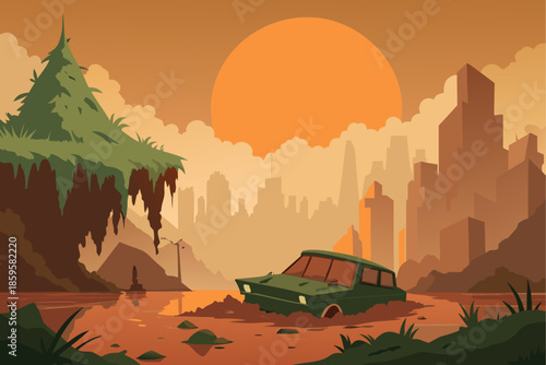 Abandoned suv in a post apocalyptic cityscape with a large sun