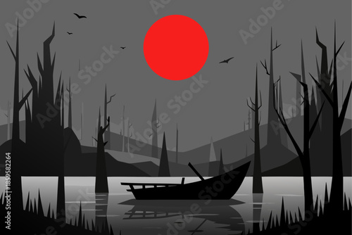 A haunting landscape with a boat on a lake at sunset