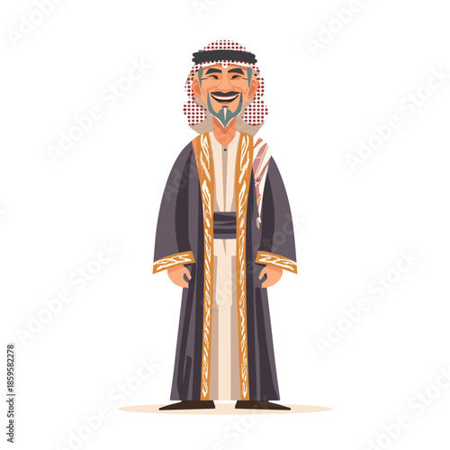 Arab man in traditional attire smiling broadly and looking forward with a cheerful expression, wearing a thobe and ghutra, representing culture and hospitality.