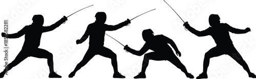 Fencing sport athlete silhouette set showing dynamic sword fighting poses, professional combat training action, competitive fencing illustration in black and white vector style