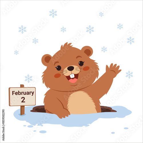  Cute groundhog popping out of its burrow in the snow, smiling and waving paw.Groundhog Emerging on February 2nd.Vector