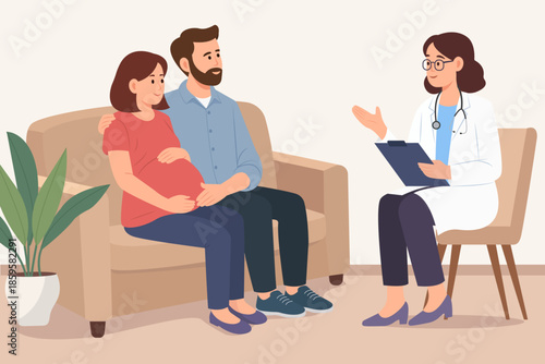 Pregnant woman sitting on a sofa with her supportive partner during a medical consultation. 
