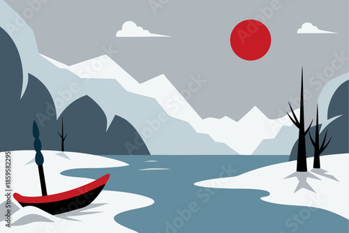 Serene winter landscape with a boat on a frozen lake
