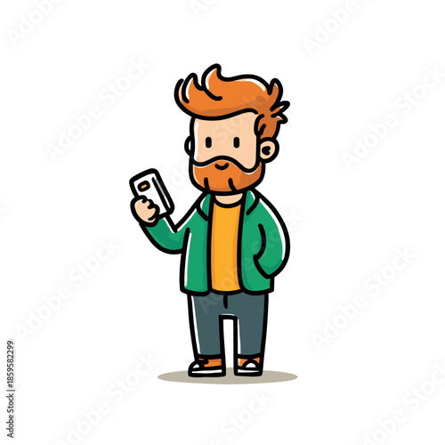 Cartoon man with a beard and red hair wearing a green jacket, standing casually while holding a smartphone and engaging with digital content.