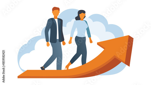 Man and woman walking side by side on a rising orange arrow graphic