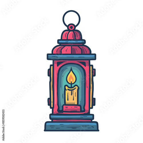 Colorful vintage lantern with a glowing candle inside, illuminating the darkness with a warm and inviting light, perfect for cozy evenings.