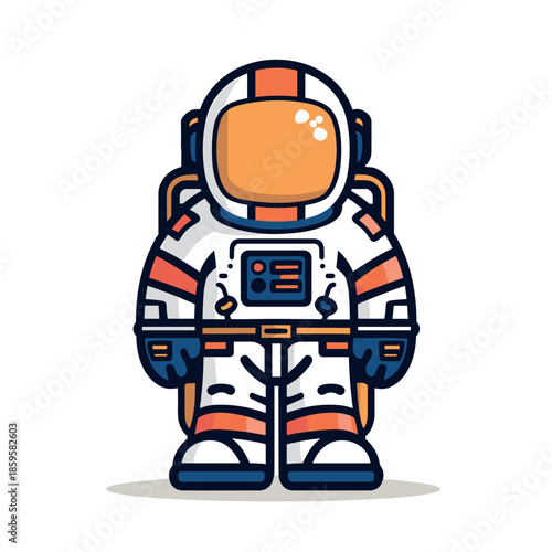 Cartoon astronaut stands wearing a futuristic space suit with orange and blue accents, ready for an interstellar mission or space exploration.