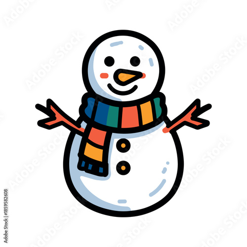 Cheerful cartoon snowman wearing a colorful striped scarf stands happily, ready to bring festive joy and winter holiday spirit to any design project.