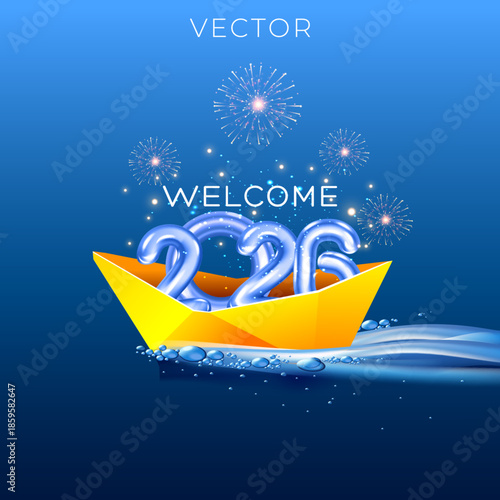 New Year 2026 leadership concept: A single paper boat, carrying the 'Welcome 2026' message, leads the rest as it glides through deep blue waters under a vibrant fireworks display.

