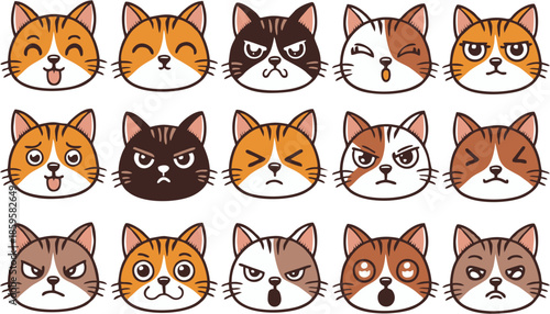 Set of 15 cartoon-style cat face vector icons with varied expressions and fur patterns, ideal for emotion recognition, character design, pet-themed graphics, and playful illustration projects.