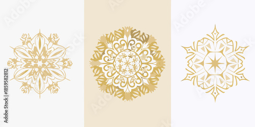 Elegant golden snowflake patterns arranged vertically on a cream background